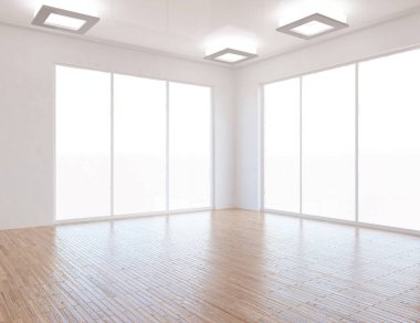 Beyaz Oda iç windows ile. İskandinav iç tasarım. 3D çizim