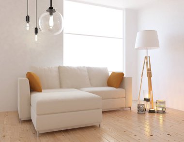 Bir İskandinav oturma odası iç kanepe, ahşap zemin ve büyük duvar dekor ile fikir. Ev nordic iç. 3D çizim - illüstrasyon