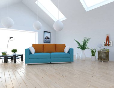 Bir İskandinav oturma odası iç kanepe, bitkiler ve ahşap zemin ile fikir. Ev nordic iç. 3D çizim 