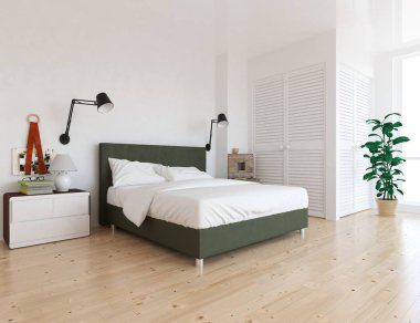 Bir beyaz İskandinav oturma odası iç yatak ve ahşap zemin düşüncesi. Ev nordic iç. 3D çizim 