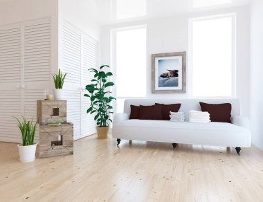 Bir İskandinav oturma odası iç kanepe, bitkiler ve ahşap zemin ile fikir. Ev nordic iç. 3D çizim 