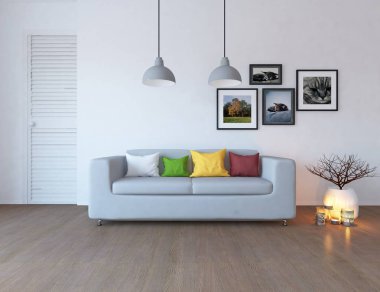 Bir İskandinav oturma odası iç kanepe, ahşap zemin ve büyük duvar dekor ile fikir. Ev nordic iç. 3D çizim - illüstrasyon