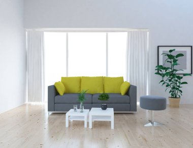 Bir İskandinav oturma odası iç kanepe, bitkiler ve ahşap zemin ile fikir. Ev nordic iç. 3D çizim 