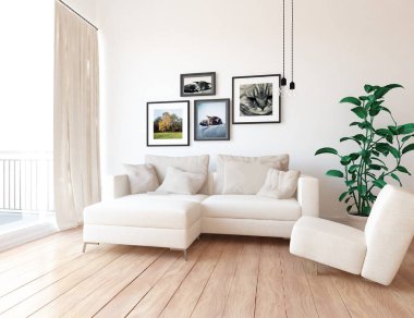 İskandinav oturma odası iç kanepe, bitki ve ahşap zemin ile fikir. Ev nordic iç. 3D çizim 