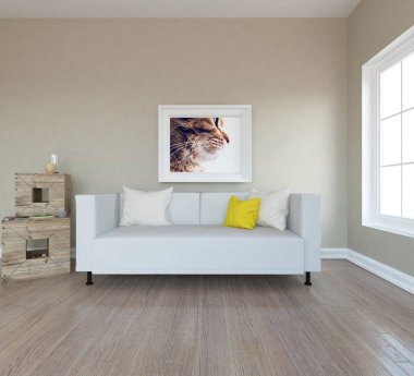 Bir İskandinav oturma odası iç kanepe, ahşap zemin ve büyük duvar dekor ile fikir. Ev nordic iç. 3D çizim - illüstrasyon