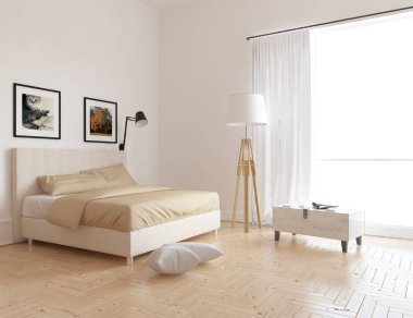 Bir beyaz İskandinav oturma odası iç yatak ve ahşap zemin düşüncesi. Ev nordic iç. 3D çizim 