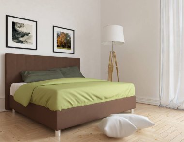 Bir beyaz İskandinav oturma odası iç yatak ve ahşap zemin düşüncesi. Ev nordic iç. 3D çizim 