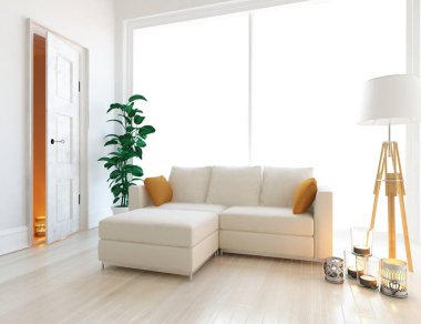 İskandinav oturma odası iç kanepe, bitki ve ahşap zemin ile fikir. Ev nordic iç. 3D çizim 