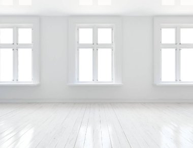 Beyaz Oda iç windows ile. İskandinav iç tasarım. 3D çizim
