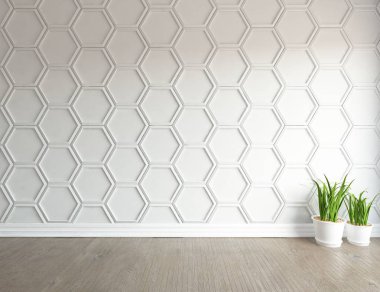 Boş İskandinav odası iç ahşap zemin üzerinde bitkiler ile fikir. Ev nordic iç. 3D çizim - illüstrasyon