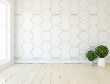 Boş İskandinav odası iç ahşap zemin üzerinde bitkiler ile fikir. Ev nordic iç. 3D çizim - illüstrasyon