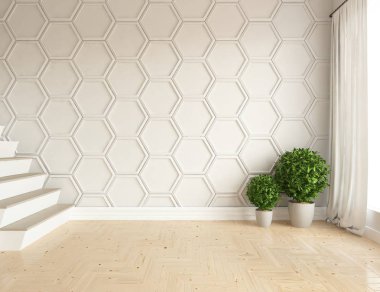 Boş İskandinav odası iç ahşap zemin üzerinde bitkiler ile fikir. Ev nordic iç. 3D çizim - illüstrasyon