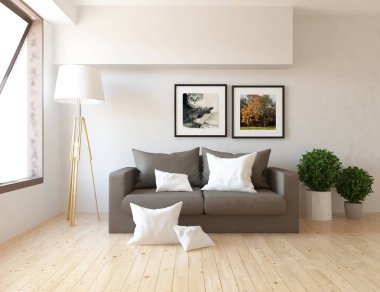 Bir İskandinav oturma odası iç kanepe, bitkiler ve ahşap zemin ile fikir. Ev nordic iç. 3D çizim 