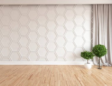 Boş İskandinav odası iç ahşap zemin üzerinde bitkiler ile fikir. Ev nordic iç. 3D çizim - illüstrasyon