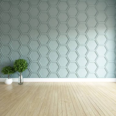 Boş İskandinav odası iç ahşap zemin üzerinde bitkiler ile fikir. Ev nordic iç. 3D çizim - illüstrasyon