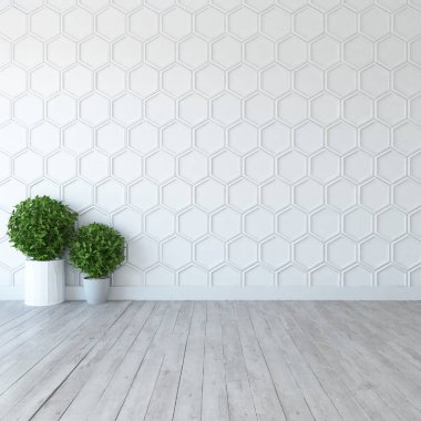 Boş İskandinav odası iç ahşap zemin üzerinde bitkiler ile fikir. Ev nordic iç. 3D çizim - illüstrasyon