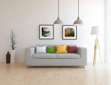 Bir İskandinav oturma odası iç kanepe, ahşap zemin ve büyük duvar dekor ile fikir. Ev nordic iç. 3D çizim - illüstrasyon