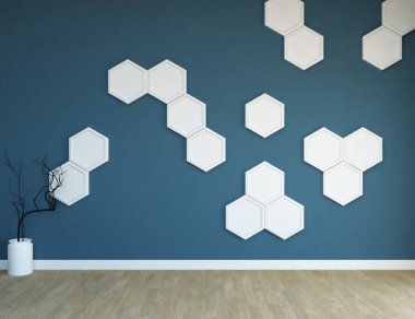 Boş İskandinav odası iç ahşap zemin üzerinde vazo ile fikir. Ev nordic iç. 3D çizim 