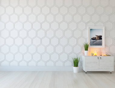 Boş İskandinav odası iç ahşap zemin üzerinde bitkiler ile fikir. Ev nordic iç. 3D çizim - illüstrasyon