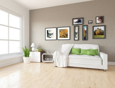 İskandinav oturma odası iç kanepe, bitki ve ahşap zemin ile fikir. Ev nordic iç. 3D çizim 