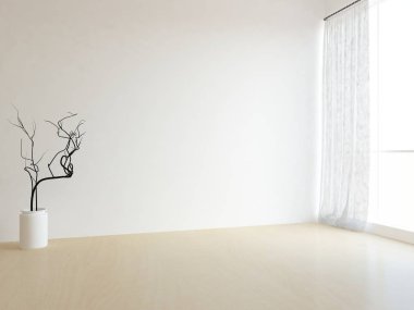 Beyaz Oda iç pencere. İskandinav iç tasarım. 3D çizim