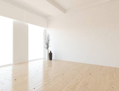 Boş İskandinav odası iç ahşap zemin üzerinde vazo ile fikir. Ev nordic iç. 3D çizim 