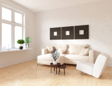 Bir İskandinav oturma odası iç kanepe, bitkiler ve ahşap zemin ile fikir. Ev nordic iç. 3D çizim 