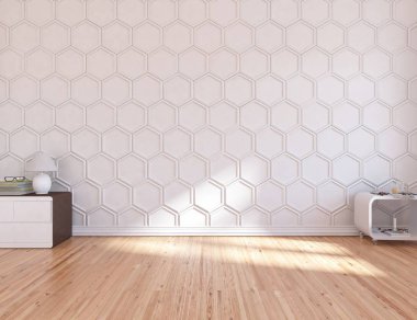 Boş İskandinav odası iç ahşap zemin ile fikir. Ev nordic iç. 3D çizim - illüstrasyon