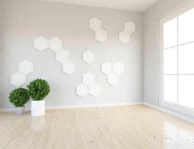 Boş İskandinav odası iç ahşap zemin üzerinde bitkiler ile fikir. Ev nordic iç. 3D çizim - illüstrasyon