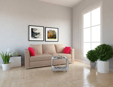 Bir İskandinav oturma odası iç kanepe, bitkiler ve ahşap zemin ile fikir. Ev nordic iç. 3D çizim 