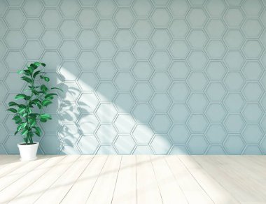 Boş İskandinav odası iç ahşap zemin üzerinde bitki ile fikir. Ev nordic iç. 3D çizim - illüstrasyon