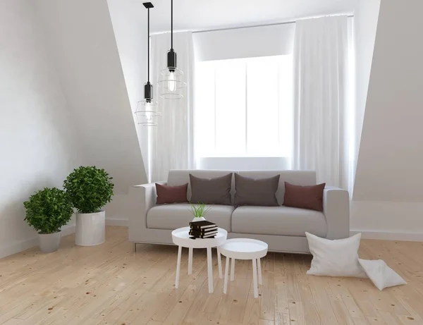 Idee Einer Skandinavischen Wohnzimmereinrichtung Mit Sofa Pflanzen Und Holzboden Heimat — Stockfoto