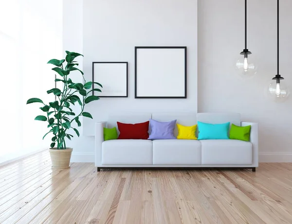 Idea Salón Escandinavo Interior Con Sofá Planta Suelo Madera Inicio —  Fotos de Stock