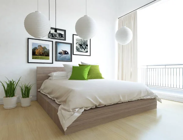 Idee Van Een Witte Scandinavische Woonkamer Interieur Met Bed Houten — Stockfoto