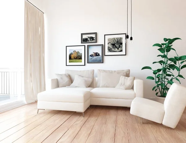 İskandinav oturma odası iç kanepe, bitki ve ahşap zemin ile fikir. Ev nordic iç. 3D çizim 