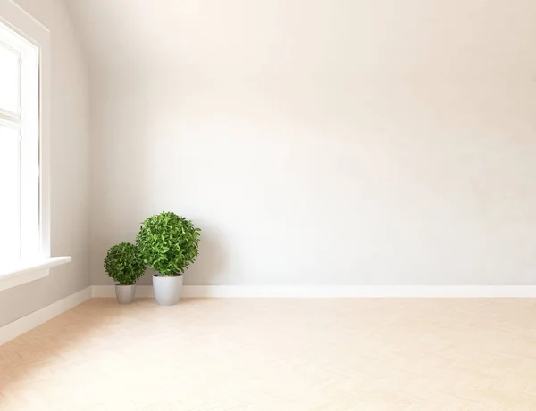 Idea of  empty scandinavian room interior with plants on wooden floor  . Home nordic interior. 3D illustration - Illustration