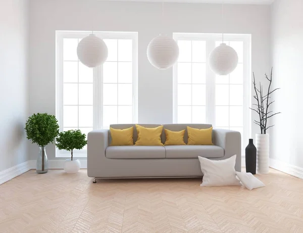 Idea Una Escandinava Sala Estar Interior Con Sofá Plantas Suelo —  Fotos de Stock