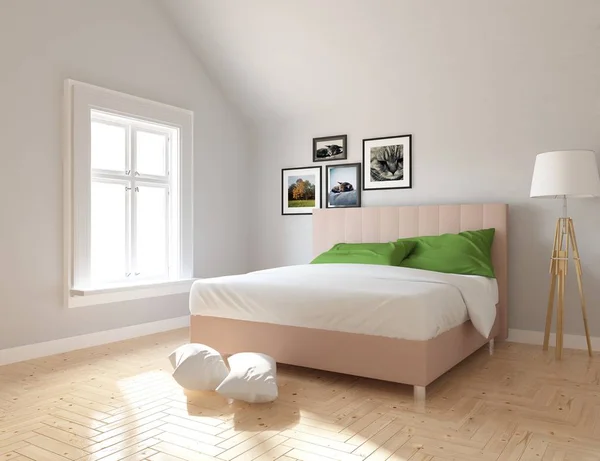 Ideia Interior Sala Estar Escandinavo Branco Com Cama Piso Madeira — Fotografia de Stock