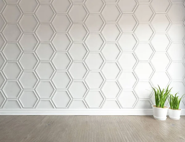 Boş İskandinav odası iç ahşap zemin üzerinde bitkiler ile fikir. Ev nordic iç. 3D çizim - illüstrasyon