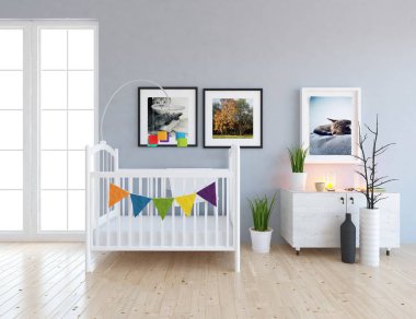  bebek yatak odası iç. İskandinav iç tasarım. 3D çizim