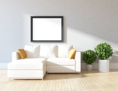 Bir İskandinav oturma odası iç kanepe, bitkiler ve ahşap zemin ile fikir. Ev nordic iç. 3D çizim 