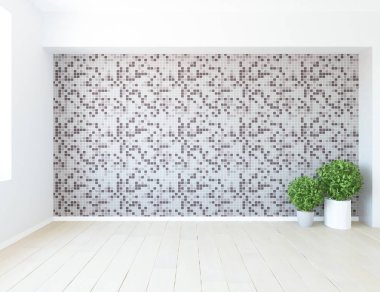 Boş İskandinav odası iç ahşap zemin üzerinde bitkiler ile fikir. Ev nordic iç. 3D çizim