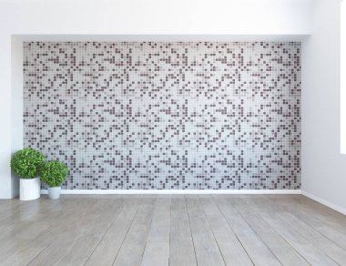 Boş İskandinav odası iç ahşap zemin üzerinde bitkiler ile fikir. Ev nordic iç. 3D çizim