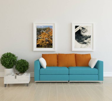 Bir İskandinav oturma odası iç kanepe, bitkiler ve ahşap zemin ile fikir. Ev nordic iç. 3D çizim 