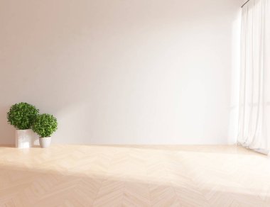 Boş İskandinav odası iç ahşap zemin üzerinde bitkiler ile fikir. Ev nordic iç. 3D çizim