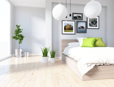 Bir beyaz İskandinav oturma odası iç yatak, bitkiler ve ahşap zemin düşüncesi. Ev nordic iç. 3D çizim 