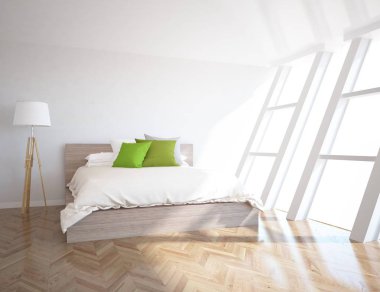 Bir beyaz İskandinav oturma odası iç yatak ve ahşap zemin düşüncesi. Ev nordic iç. 3D çizim 