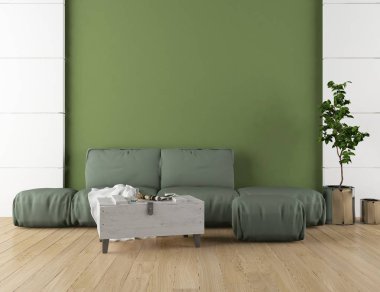 İskandinav oturma odası iç kanepe, bitki ve ahşap zemin ile fikir. Ev nordic iç. 3D çizim 