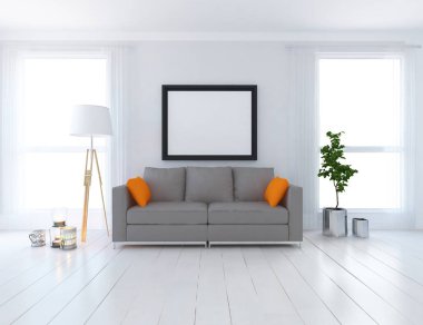 İskandinav oturma odası iç kanepe, bitki ve ahşap zemin ile fikir. Ev nordic iç. 3D çizim 