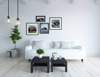 Bir İskandinav oturma odası iç kanepe, bitkiler ve ahşap zemin ile fikir. Ev nordic iç. 3D çizim 